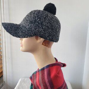 Luxe Knit Pom Grey Beanie Cap with Complimentary Red Woven Plaid Scarf